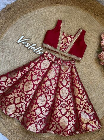 Maroon & Gold Brocade Kids Lehenga Set