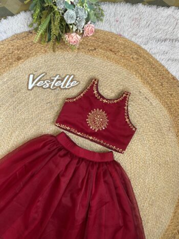 Maroon Embroidered Kids Lehenga Set