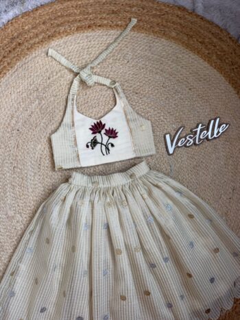 Beige lotus embroidered halter top and skirt