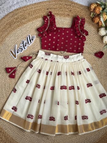 Lotus Bloom Cotton Kasavu Skirt & Ruffle Top Set